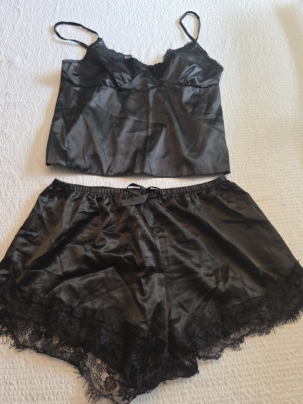 Black Satin Lace Satin Cami & Shorts Pajama Set L